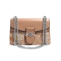 Elegant gold embroidery flap bag with silver chain straps and camel leather accents - Khaki