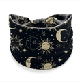 Bohemian black wide headband with golden sun, moon, and stars celestial pattern - Style 40