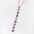 Detailed view of luxury stainless steel necklace featuring colorful zircon clover pendants - Silver