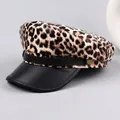 Vintage leopard print baker boy hat with black faux leather brim and gold buckle - M (56-58cm) / Khaki Leopard (Plain Brim)