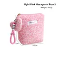 Pink leopard print faux fur makeup bag with heart charm and size dimension details - Light Pink Hexagonal Bag
