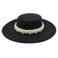 Elegant black wool flat top hat with faux pearl chain trim and wide brim for women - M (56-58cm) / Black
