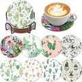 8-piece set of sunflower and cactus diamond painting coasters with a black metal holder - Illustrative Cactus Green Plants Style (BD997)