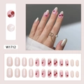 Uñas postizas ovales rosa y blanco perlado con diseños de cerezas y textura de seda - Tipo de Pegamento / W1712 Seda Patrón Oscuro