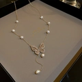 Elegant gold butterfly necklace with white pearls and sparkling zircon butterfly pendant - Gold Hollow Zirconia Butterfly Pearl Style