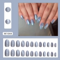 Pale blue-grey cat-eye press-on nails in long oval shape with sparkling glitter finish - Oval Cat Eye Style / 24 Pieces (With Glue) / Water Blue Solid (W1644)