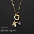14K gold plated stainless steel paperclip necklace featuring letter K and purple gem - Letter K Style (Steel) / Silver