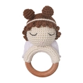 Handmade crochet angel baby rattle with brown hair, white wings and natural wooden ring - Girl Angel