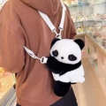 Cute plush panda backpack with adjustable white straps shown on a model for scale - Panda