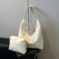 Cream white pebbled leather hobo bag and matching pouch set with wide shoulder strap - Litchi Pattern White