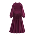 Elegante vestido largo plisado fucsia de manga larga con cuello alto y cintura ceñida - S / Morado