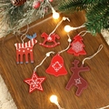 Set of 6 red Christmas wooden ornaments featuring reindeer and tree shapes on wood background - Type E Red Wooden Ornament Set