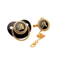 Black and gold baby pacifier with luxury rhinestone letter A and matching clip chain - Letter A