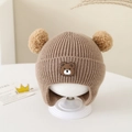 Winter baby knit beanie with double faux fur pom-poms and earflaps in beige color - Bear Label - Coffee