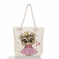Detail of canvas tote bag with braided handles and a cute cartoon owl princess print - Princess Owl with Crown