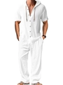 Ensemble 2 pièces en coton lin blanc pour homme avec chemise à capuche et pantalon - S / Blanc