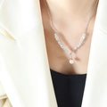 French Baroque necklace featuring clear crystal stones and a round white pearl pendant - P1418-Steel Color Necklace-40+5cm (Transparent Square Beads Pearl)
