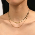 18k gold plated double layer snake chain necklace with beads on a flat herringbone link - Double Layer Gold Snake Chain with Geometry (C308)