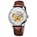 Men's automatic skeleton watch with golden gears and brown leather crocodile strap - Brown Leather Strap Silver Case White Dial