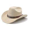 Beige suede cowboy hat with vintage leather band and decorative metal rivets - M (56-59cm) / Camel