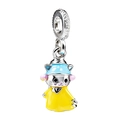 Silberner Katzen-Charm mit gelbem Umhang und blauem Hut für Bettelarmbänder - Gelber Umhang Cartoon Katze-Stil (Z-039)