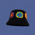Handmade black crochet bucket hat with colorful sunflower patterns for winter - One Size / Black Six Flowers Patchwork Hat