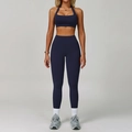Dark blue halter neck sports bra and high-waist yoga leggings two-piece fitness set - M / Bra Style 1 + Leggings / Cobalt Blue