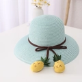 Chapeau de paille bleu clair pour enfants avec pendentifs ananas jaunes et nœud marron - Chapeau Vert Menthe