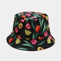 Detail of black reversible bucket hat with colorful tulip print and canvas texture - One Size / 14# Black With Color Tulips