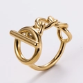 Macro detail of golden chain link ring with industrial OT toggle closure design - US 6 / Gold