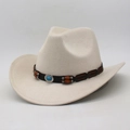 Cream western cowboy hat in faux suede with turquoise vintage bohemian band detail - One Size (56-60cm) / Beige