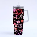Detail of 40oz heart patterned tumbler featuring handle, lid and reusable straw - R164 / 40oz