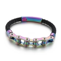 Men's braided black leather bracelet with rainbow bicycle chain link design - 19cm / Colorful