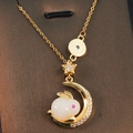 Copper moon rabbit pendant necklace with stainless steel chain and cubic zirconia accents - Moon Jade Rabbit