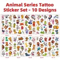 Vista piatta di 10 fogli di tatuaggi di animali cartoni con dinosauri e koala - Serie Animali AD