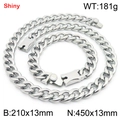 Silver 13mm Cuban chain set with polished stainless steel necklace and bracelet set - Style B (Magnetic Clasp) / 13mm Width/45cm Chain / Steel
