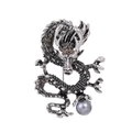 Vintage silver dragon brooch featuring smoky rhinestones and a large grey pearl - Antique Silver/Gray Stone/Pearl