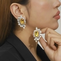 Luxury rhinestone tassel drop earrings with yellow amber stone in silver setting - Rectangular Cluster Style / Yellow