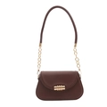 Minimalist tan leather saddle bag with round gold buckle and chain strap on white background - Brown