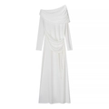 Elegante abito lungo bianco monospalla con vita a pieghe e finitura satinata - S / Bianco