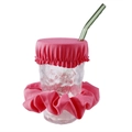 Anti-spiking drink cover set with pink scrunchie and glass cup with green straw - Pink
