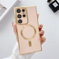 Cream 6D electroplated magnetic case for Samsung Galaxy S24 Ultra with gold accents - Pink / S25 ULTRA