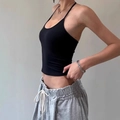 Slim fit black halter neck crop top styled with grey athletic tie-waist joggers - XS / Black
