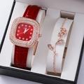 Close-up of luxury red square quartz watch and rose gold floral bracelet in a gift box - Red (Watch with Bracelet)