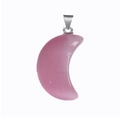 Pink crescent moon natural stone pendant with silver metal clasp on white background - Pink Cat's Eye