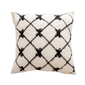 White plush cushion cover with black ribbon lattice pattern and knot details - Butterfly Flower Embroidered White Trimmed Pillow Cover