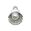 Silver seashell charm with a white pearl inlay and top ring for DIY jewelry making - White
