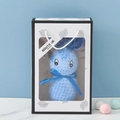 Blue bunny shaped coral fleece towel in a white gift bag with transparent window - Light Blue + Leaf Gift Box