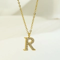 Gold plated R letter pendant necklace with sparkling cubic zirconia on a cable chain - Letter R / Gold