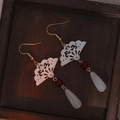 Traditional Chinese fan-shaped pearl tassel earrings with red beads on vintage wood - Gold S3172-1